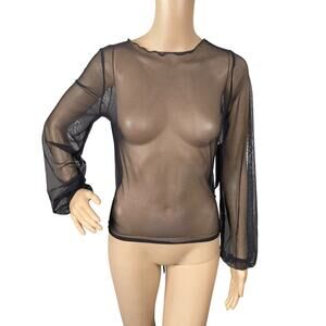 NWT Black Mesh Sheer Long Sleeve Backless Tied Blouse Top SZ M
